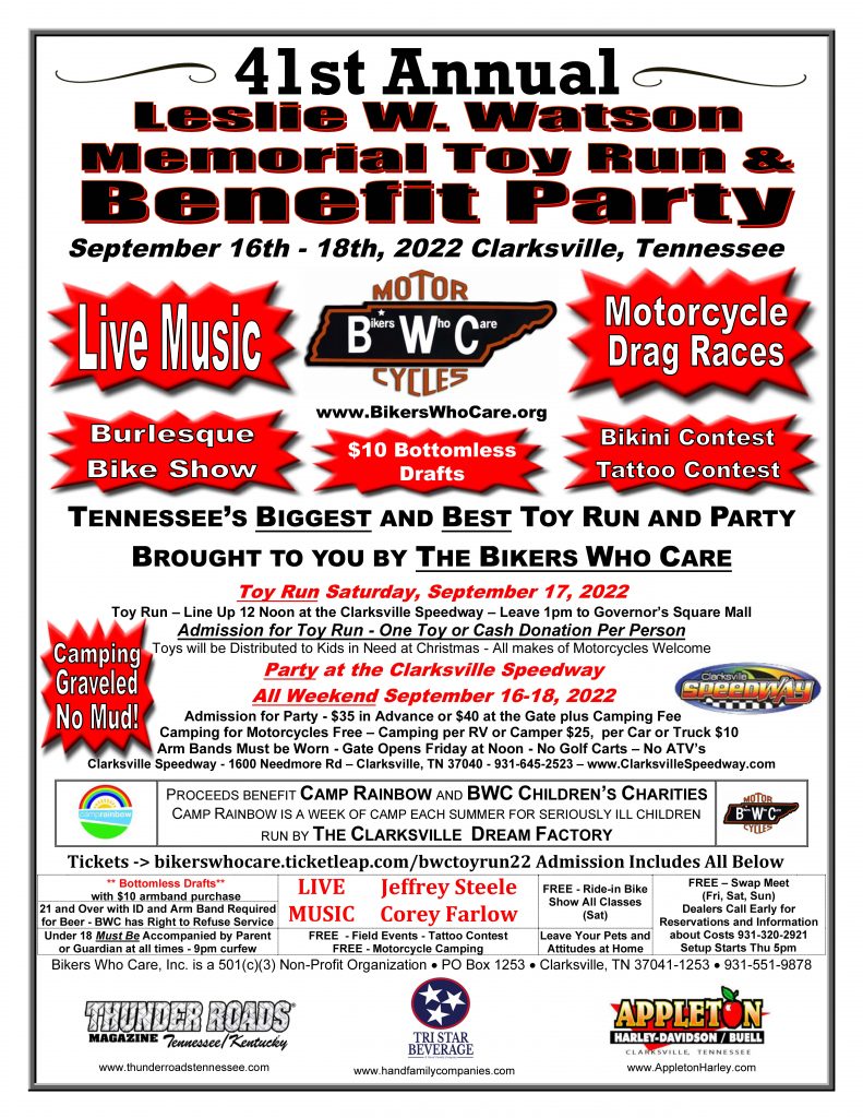 41st Leslie W Watson Memorial Toy Run & Benefit party Bikers Who Care